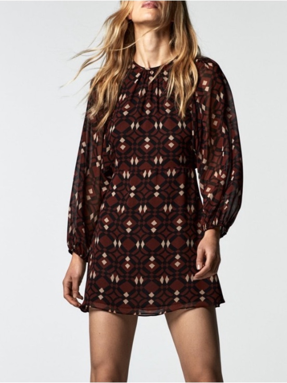 Zara Brown Geometric Print Long-Sleeve Mini Dress Size